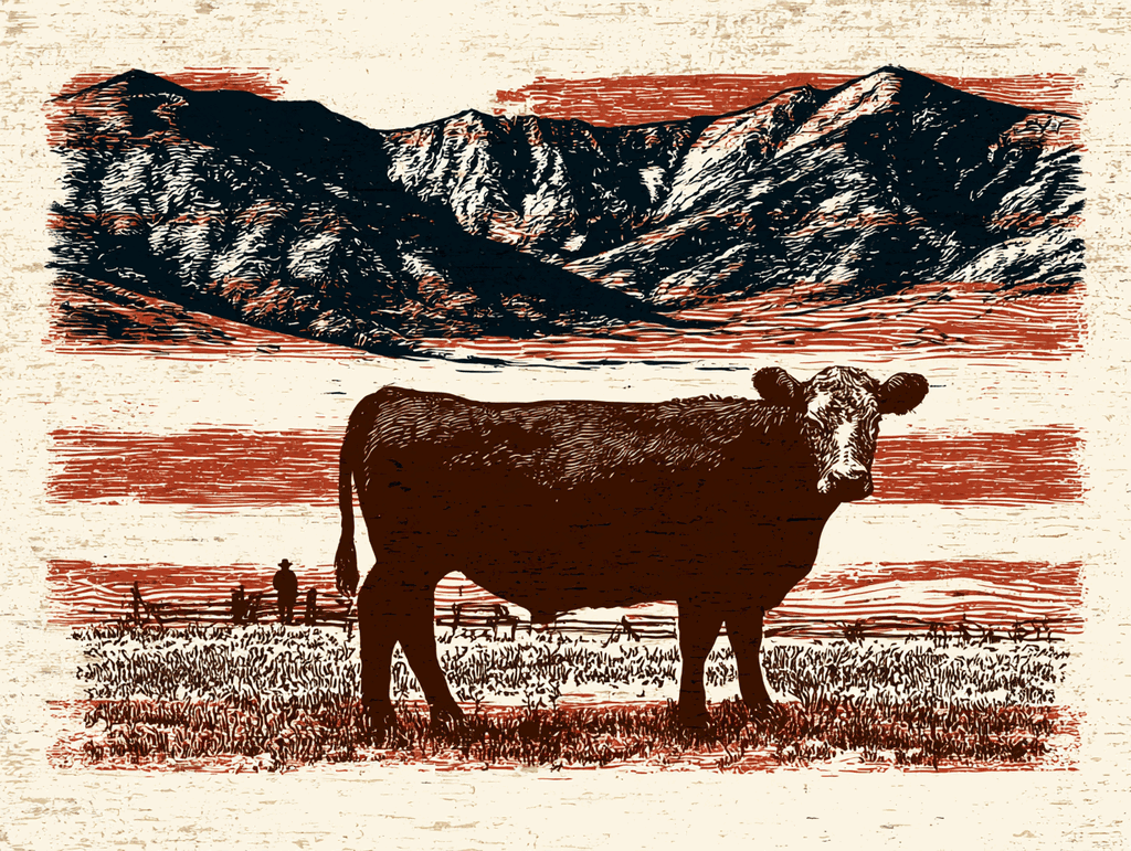 Linocut print of a Hereford steer on open range below the mountains, flag stripes behind