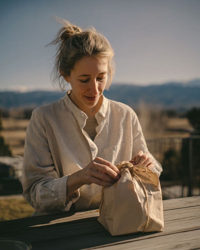 A woman opening a paper-wrapped parcel of beef with the Front Range behind her