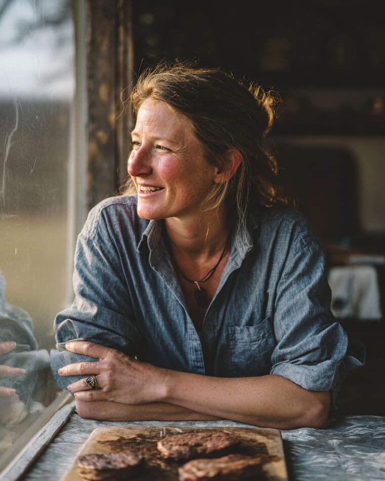 A woman leaning on a windowsill beside a board of steaks
